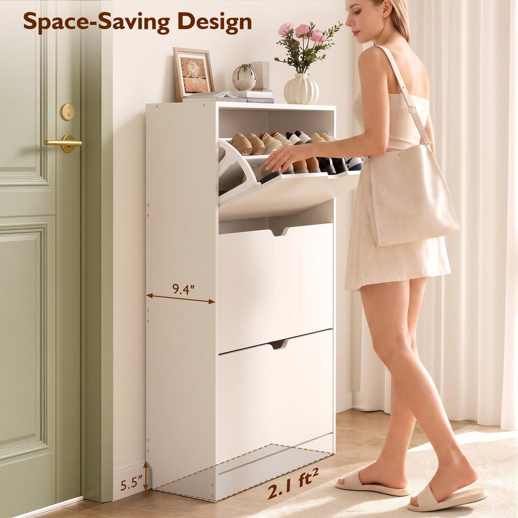 Shoe Storage Cabinet with 3 Flip Drawers Slim, White