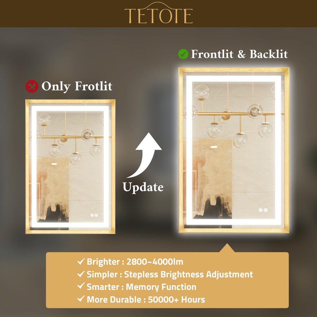 24 x 32 Bathroom LED Mirror Brushed Gold Metal Frame Frontlit & Backlit Vanity Mirror Anti-Fog Stepless Dimmable 3