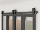 48 in. x 84 in. 3/4 Lites Frosted Glass Black Steel Frame Double Bi-Fold Barn Doors with Hardware Ki