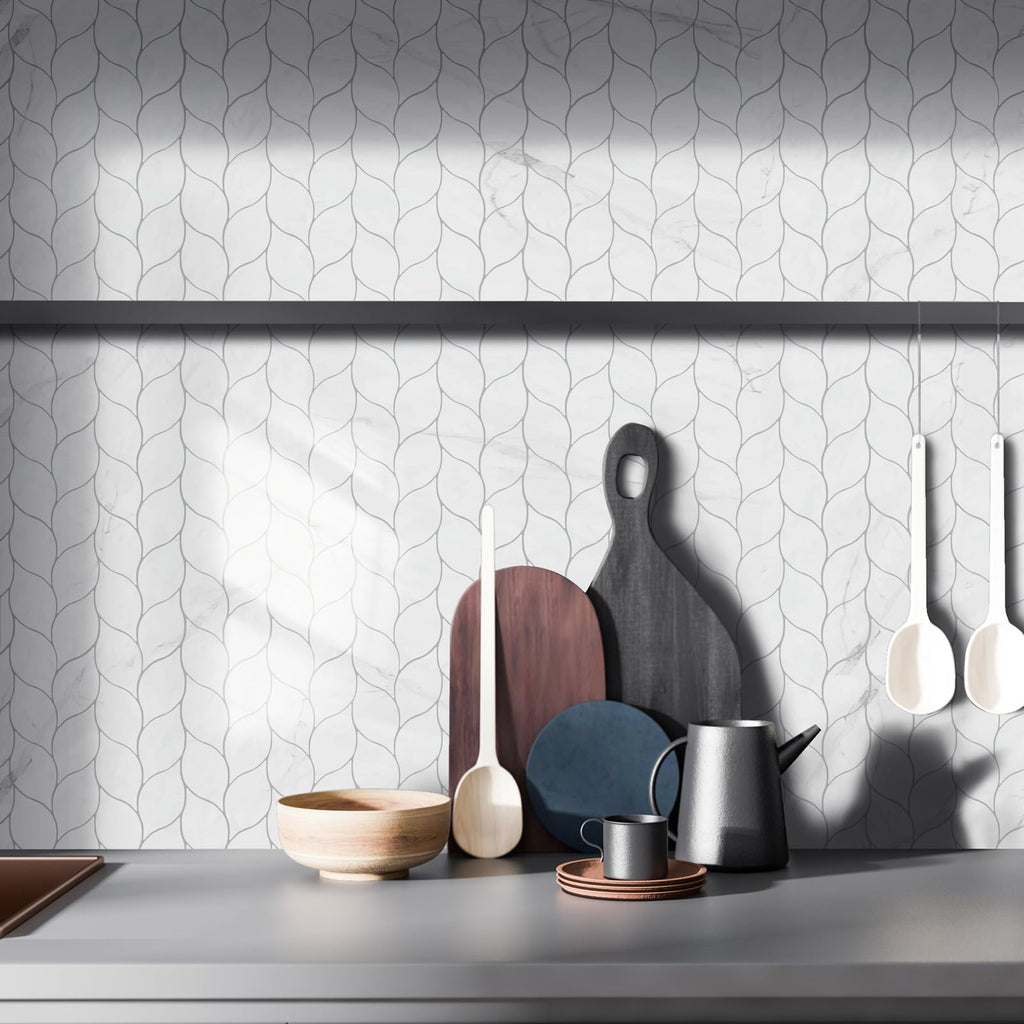 10-Sheet Peel and Stick Backsplash Tile , Self-Adhesive Mosaic Glossy Leaf Stick on Wall Tile with Gaps (Calacatta