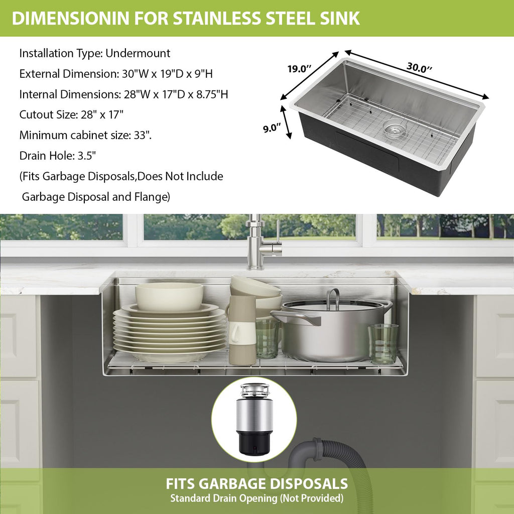 30 Inch Undermount T304 16 Gauge Stainless Steel