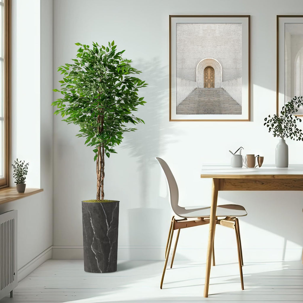 Artificial Tree in Modern Granite Effect Planter, Fake Ficus Silk Tree for Indoor and Outdoor Home Decoration - 75"