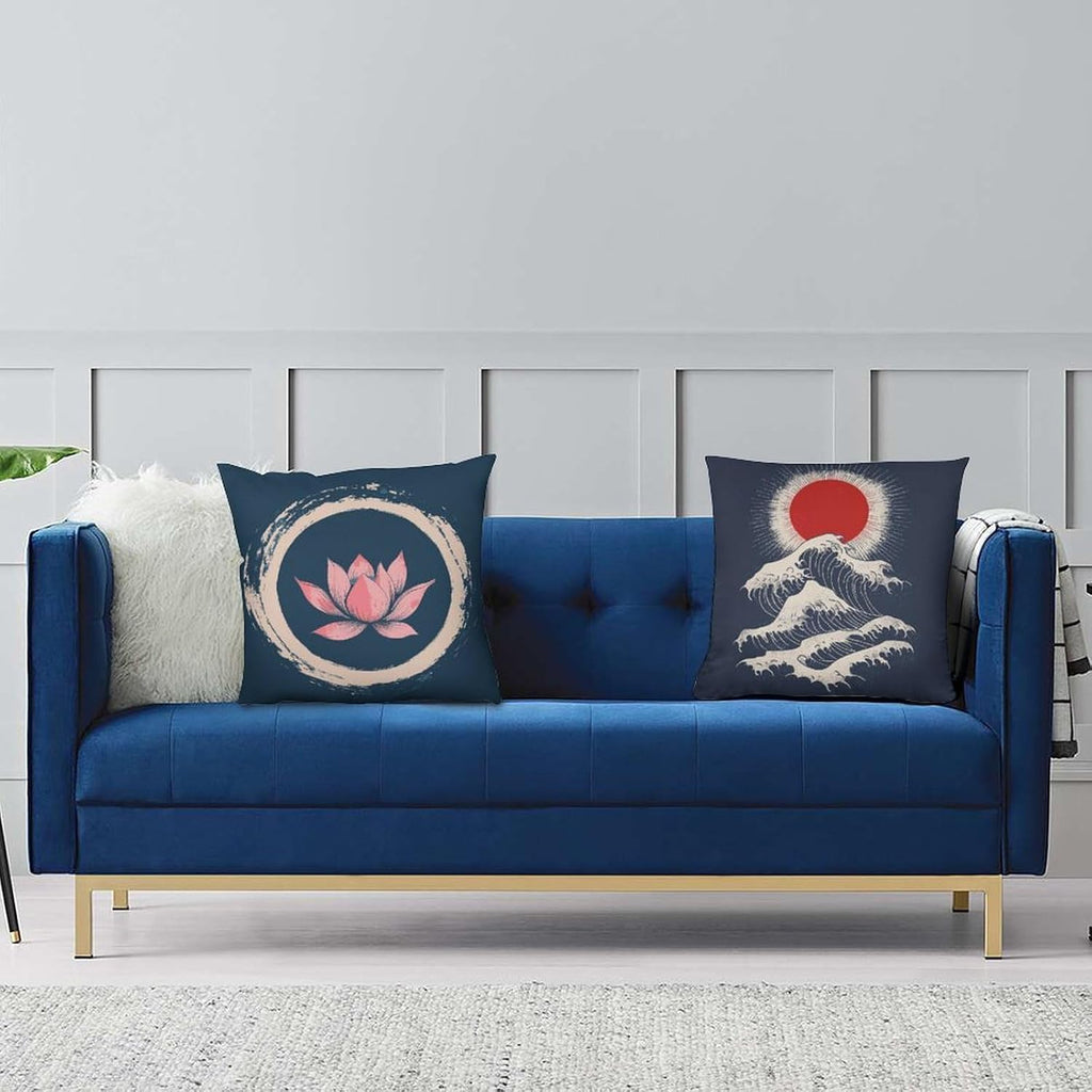 Oriental Block‐Print Sakura Cat Art Throw Pillow Covers, Double‐Sided Printed Square Cushion Cases - Set of 2