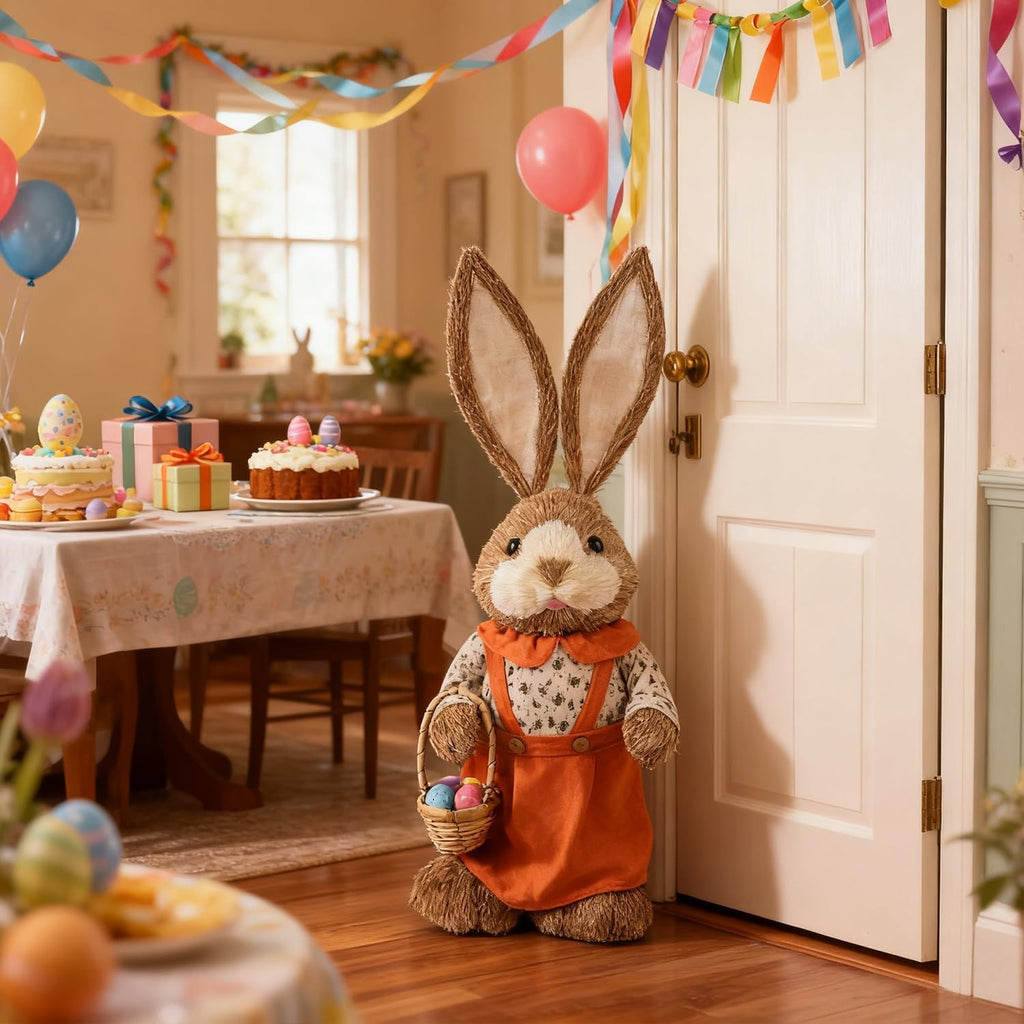 Easter Bunny Decor, 32"(2.6FT) Large Standing Sisal Rabbit Figurine, Handmade Easter Straw Mrs. Bunny Statues, Cute