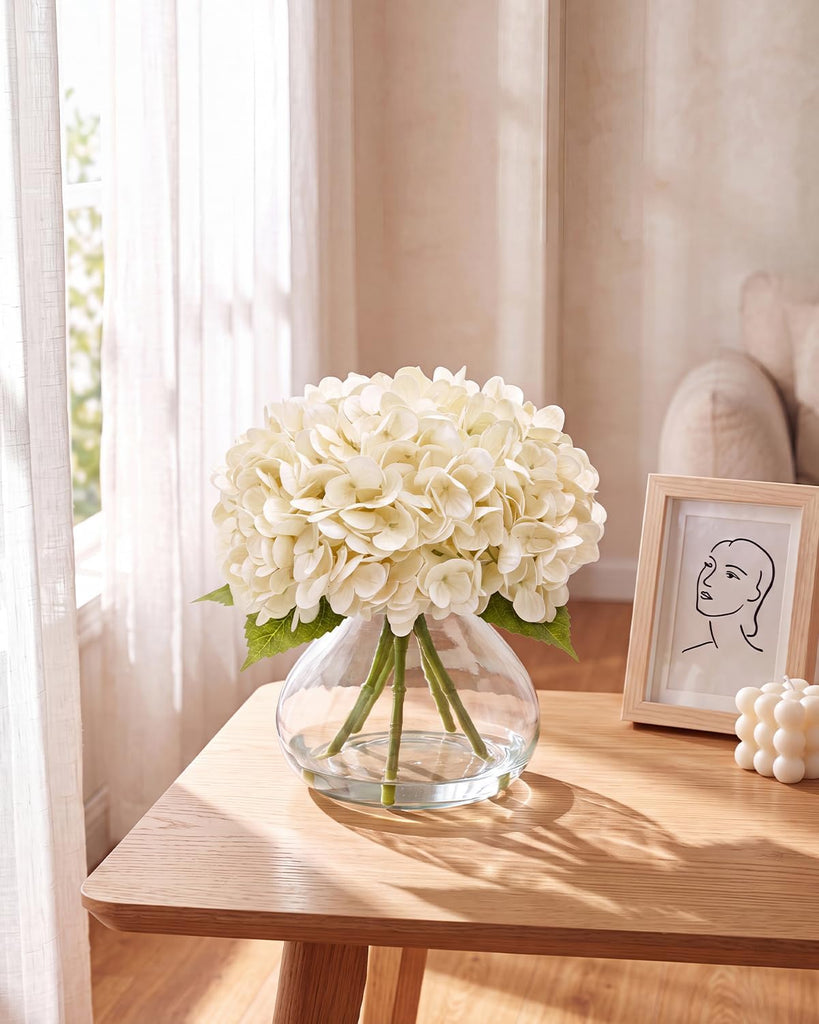 Hydrangea Artificial Flowers with Vase, Real Touch Latex, White - Set of 5