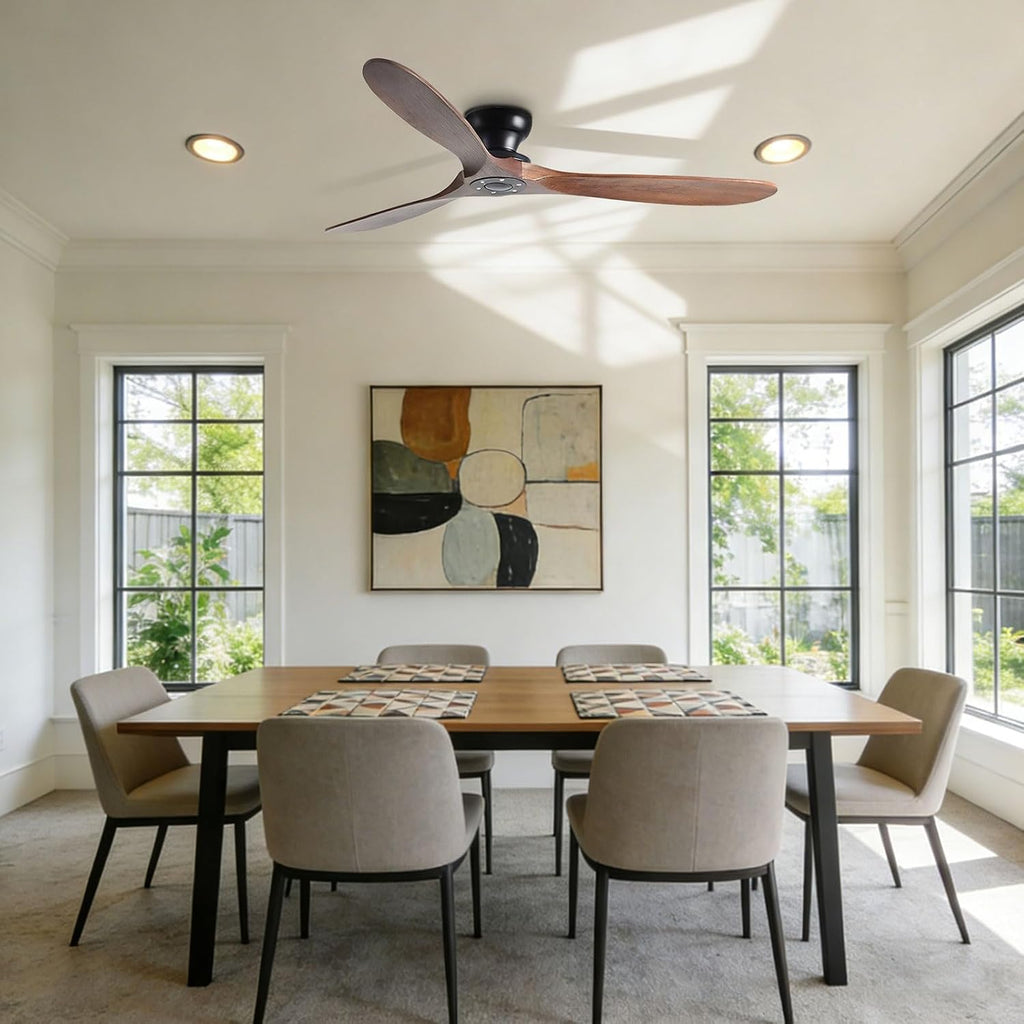 42 Inch Flush Mount Ceiling Fan No Light with Remote, Black and Walnut - Low Profile Modern Wood Blades, 6-Speed Reversible, Quiet A101-B0GGR2K5MM