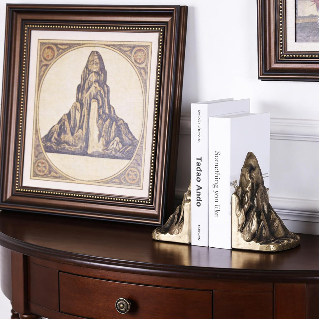 Mountain Bookends Set of 2, Resin Rock Bookends with Painted Finish, Decorative Mountain Shelf Decor for Bookshelf
