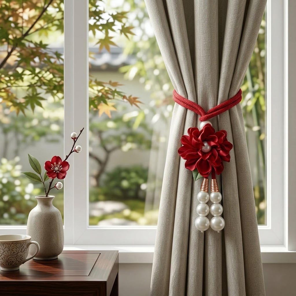 Adjustable Curtain Tiebacks, 4-Pack Hand-Woven Rope with Silk Flower & Pearl, Decorative Window Cord Holders