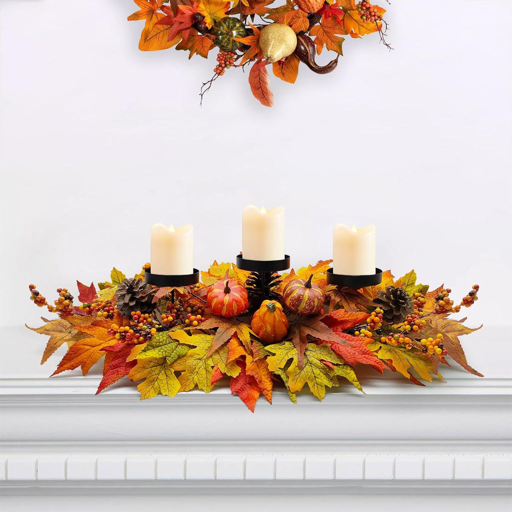 Thanksgiving Centerpiece Fall Table Decorations, Artificial Gourd, Pumpkins, Pine Cones, Maple Leaves and Berries
