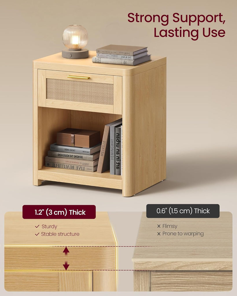 Boho Nightstands with Rattan-Look Drawer, Set of 2 Accent Side End Tables with Open Compartment, Rounded