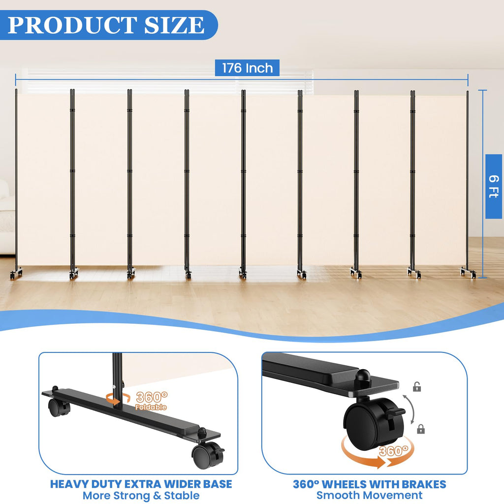 Room Divider Privacy Screens, 8 Panels Dividers with Wheels, Beige