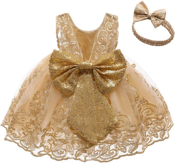 Big Bowknot Sequins Embroidered Lace Party Tutu Gown Toddler Baby Girls Dress with Headwear