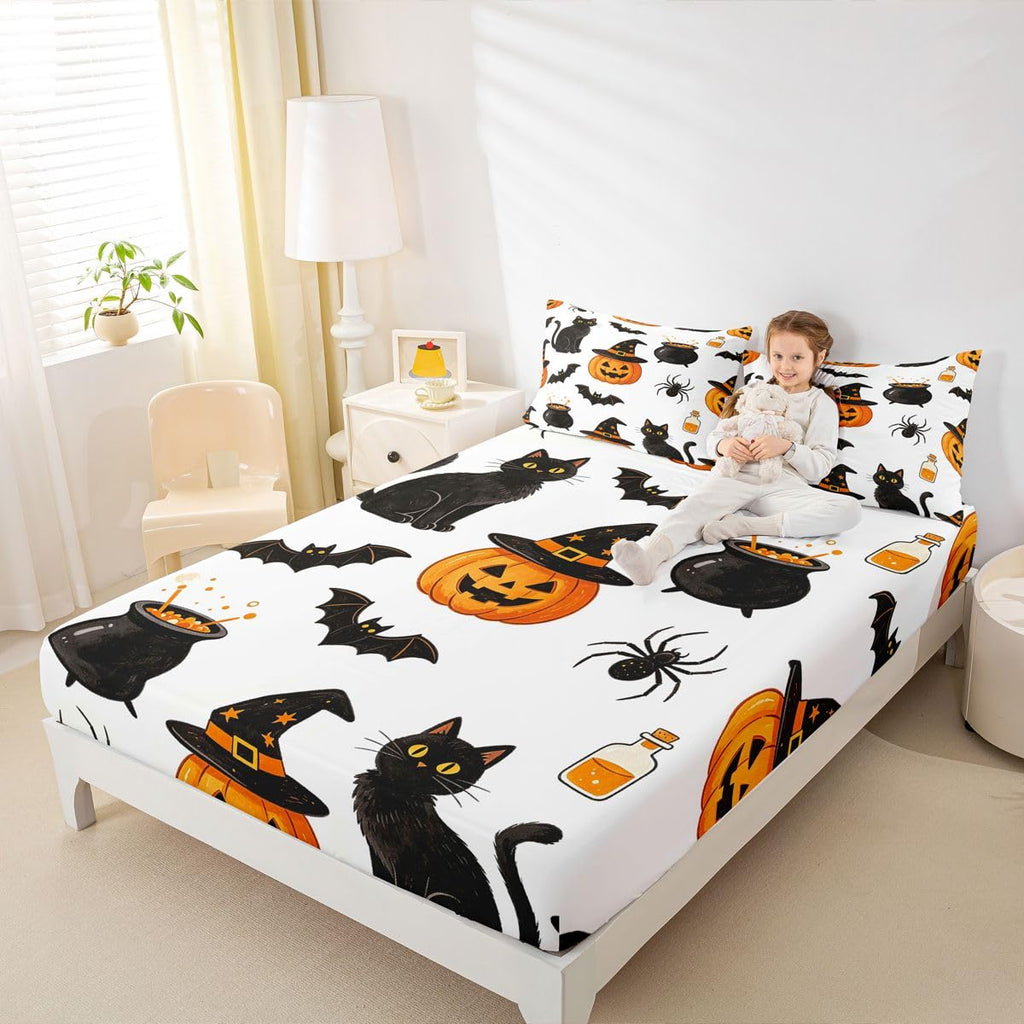 Halloween Bed Sheets Set Queen Size Pumpkin Bed Set Bats Deep Pocket Fitted Sheet Cats Breathable Soft Lightweight