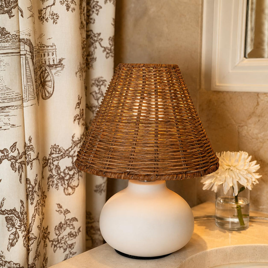 11" Small Table Lamp - Handmade Ceramic Cream Base with Wicker Rattan Shade, Dimmable Plug-in Nightstand Light