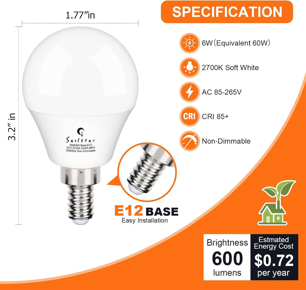 A15 Ceiling Fan Light Bulbs, E12 Base, 6Watt (60-Watt Replacement), Soft White 2700K, Non-Dimmable, Candelabra Base