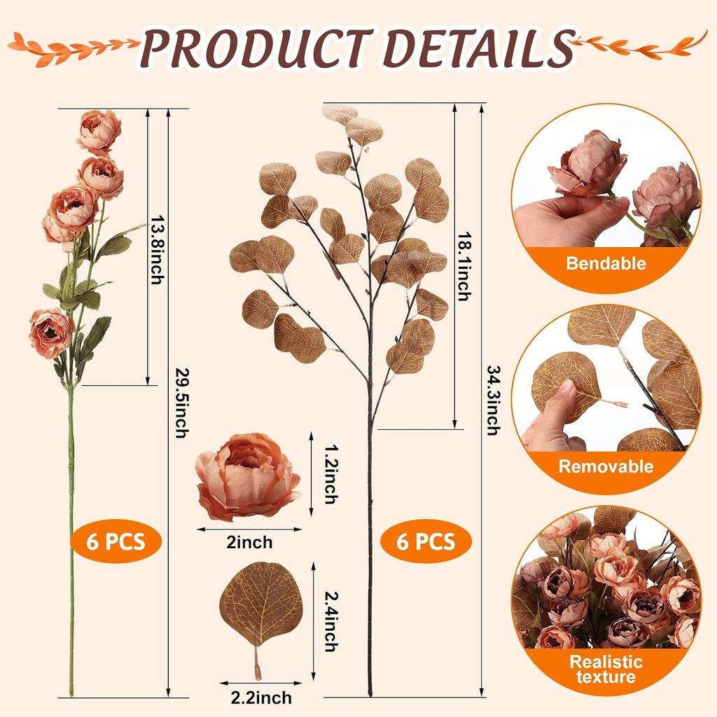 Artificial Silk Peonies Stems Arrangements Fake Flowers Set 6 Faux Peonies Artificial Flowers and 6 Eucalyptus - Set of 12