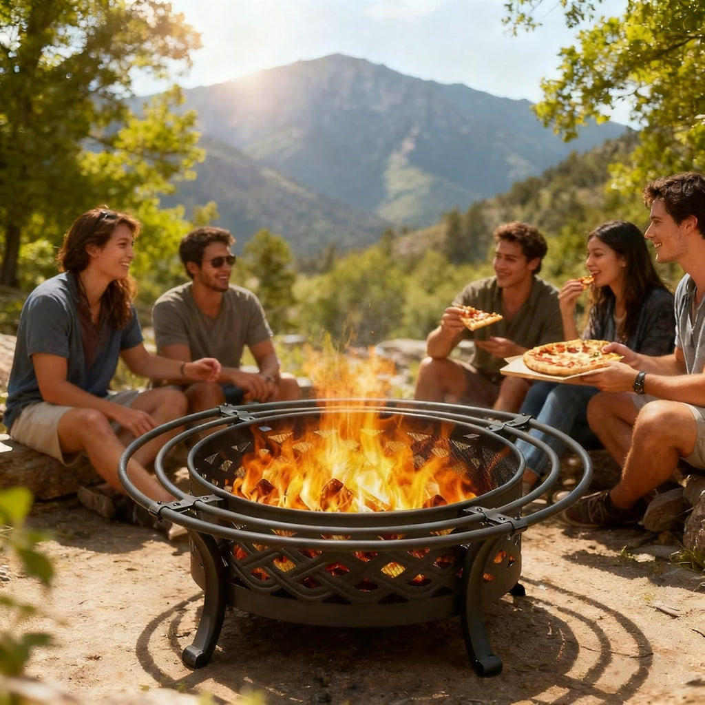 36 Inch Fire Pit with 2 Loops,Crossweave Wood Burning Fire Pits for Outside,with Spark Screen,Fire Poker,Round Outdoor F