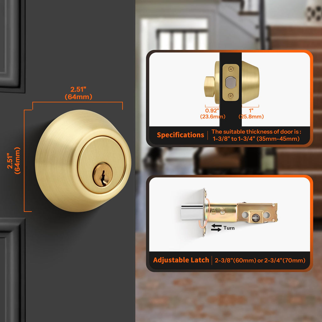 Single Cylinder Deadbolt, Keyed Front Door Lock, Satin Brass