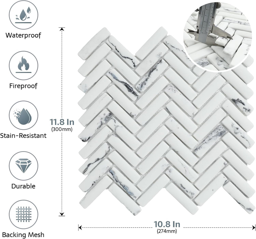 Carrara White Marble Look 3D Herringbone Recycled Glass Matte Mosaic Tile Shower Kitchen Backsplash, Floor 5 Sheet