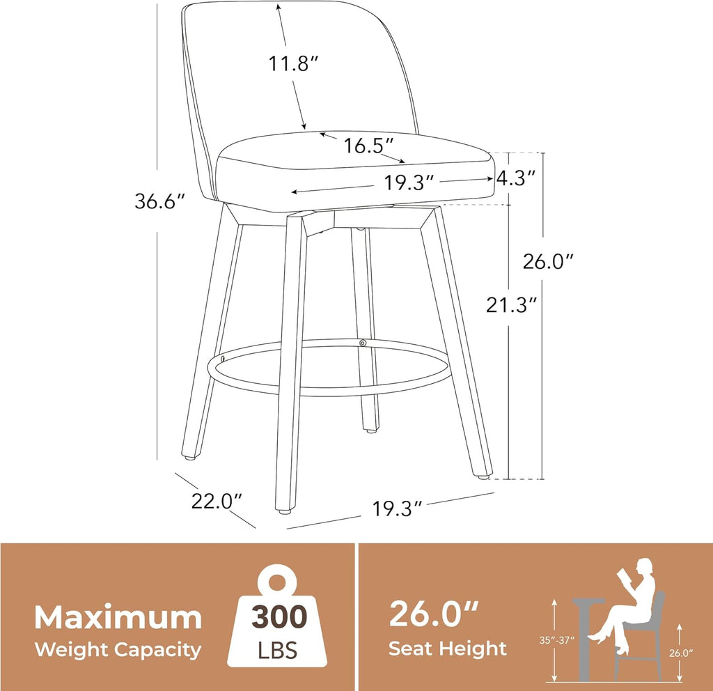 Modern Swivel Counter Height Bar Stools Set of 2, 26" Upholstered Counter Stools, Solid Wood Legs, Comfortable