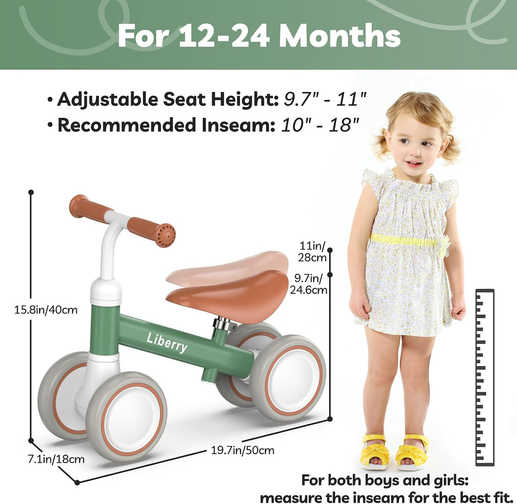 Baby Balance Bike Ride Toy for 1 2 Years Old Adjustable Seat, Green