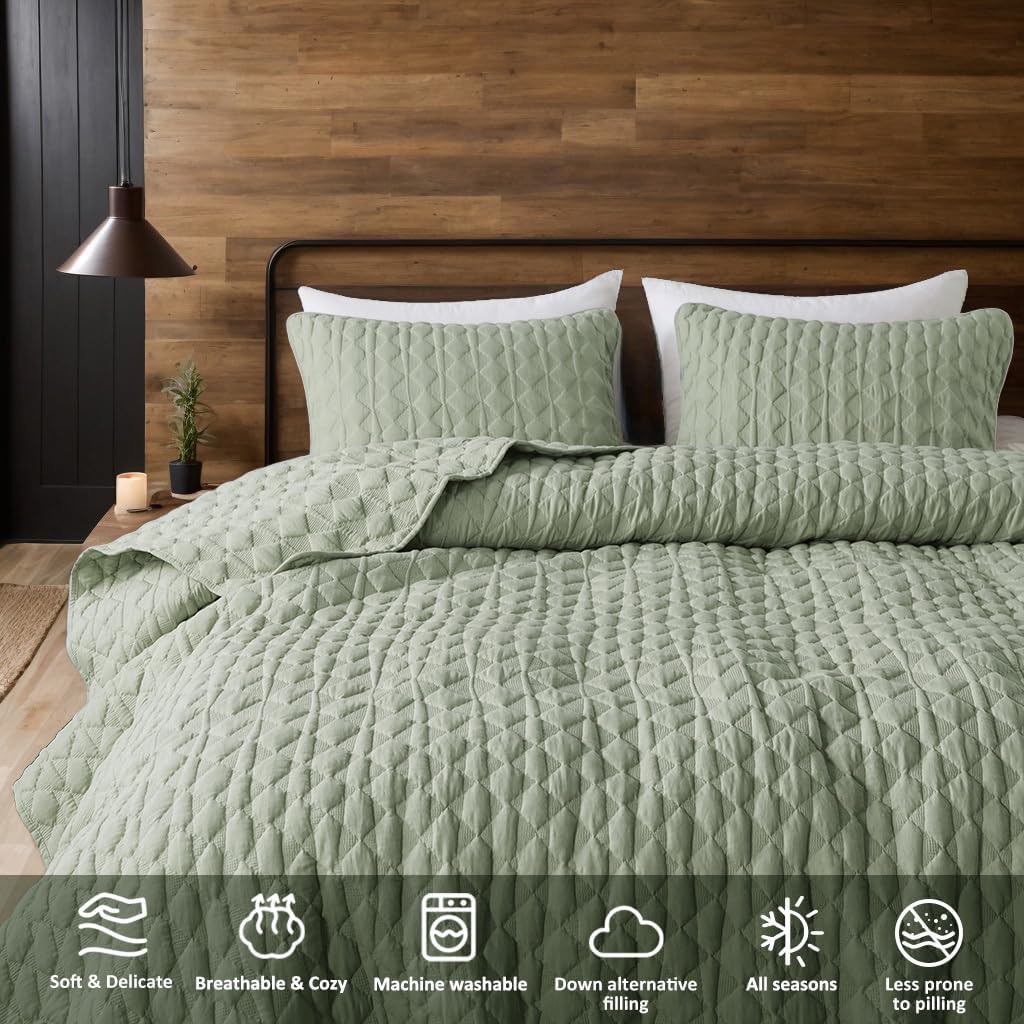 Sage Green Quilt Queen Bedding Sets with Pillow Shams, Lightweight Soft Bedspread Coverlet, Quilted Blanket Thin