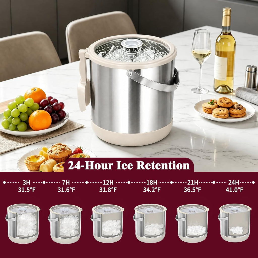 6.8L/7QT Large Insulated Ice Bucket with Lid & Scoop, Keeps Frozen Longer
