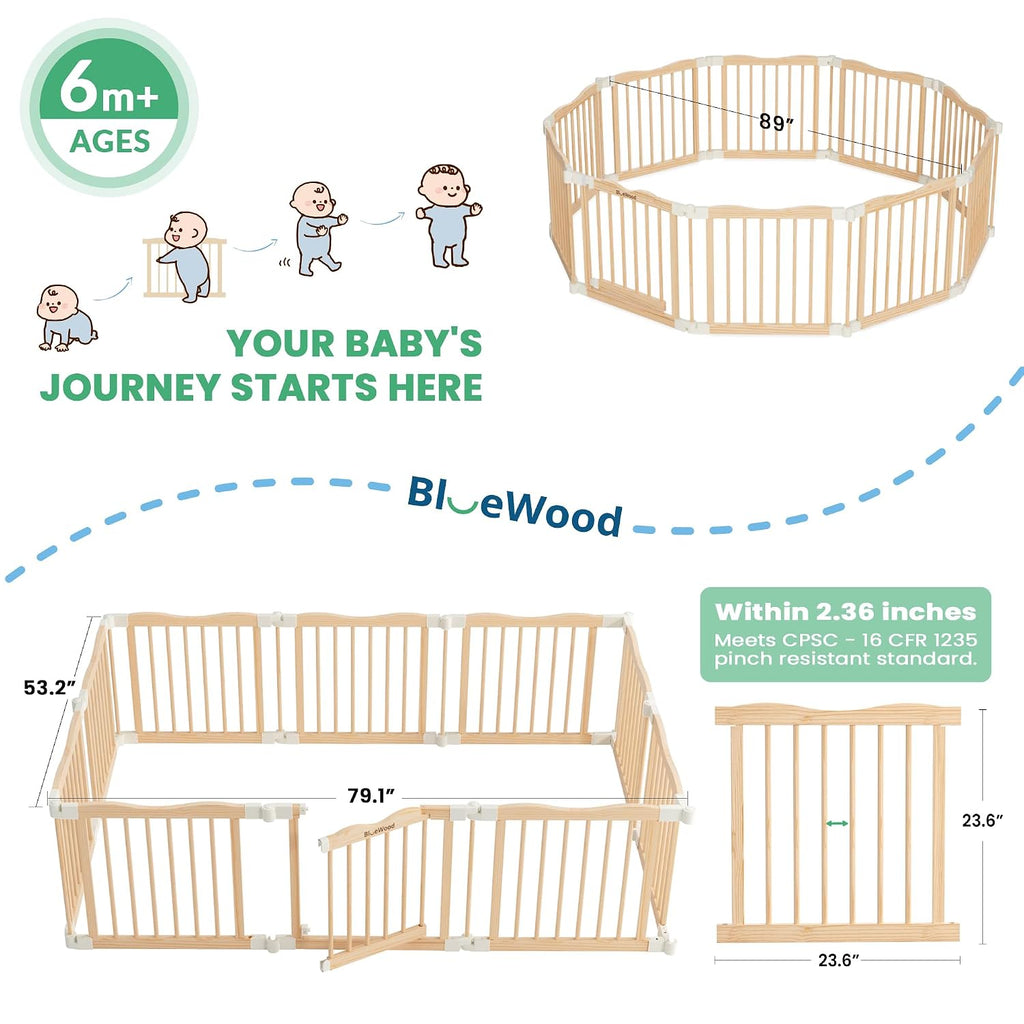 Foldable Wooden Playpen, Natural, 79 x 53 x 24 inches | Adjustable Wood Baby Play Yard with Door, Indoor Large Safety