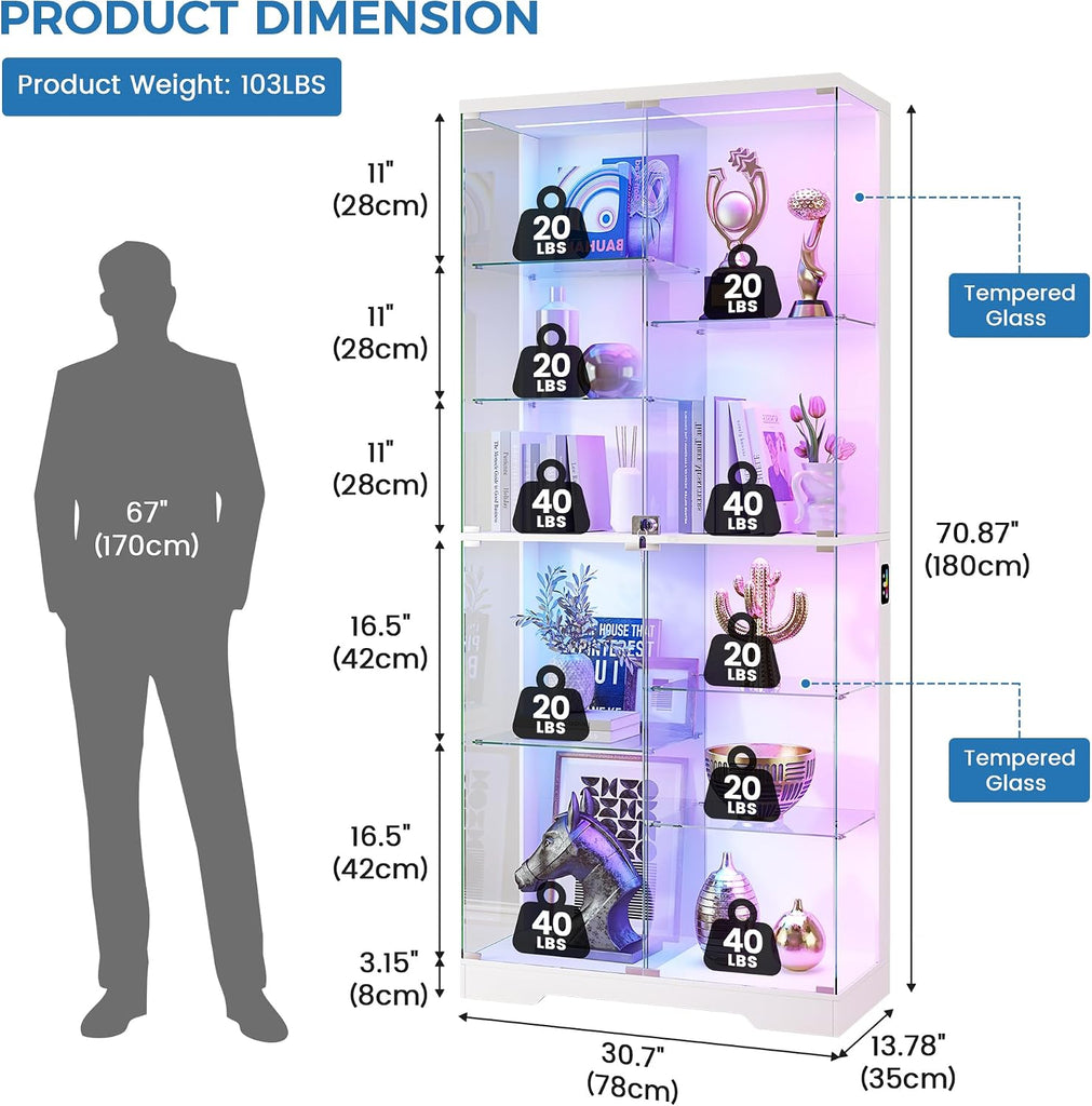 RGB Lighted Display Cabinet with Glass Doors, Frameless - White | 10-layers Shelves; 71inch Tall; Locking Showcase; 5