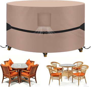 Round Patio Table Cover 84" DIAx28 H, 600D Waterproof, Khaki | 600D Tear Resistant for Outdoor Dining Table and
