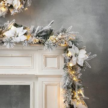 For Mantle, Pre-Lit Snow Flocked Greenery Garland Poinsettia Pine Garland with 50 Warm White Lights and Timer