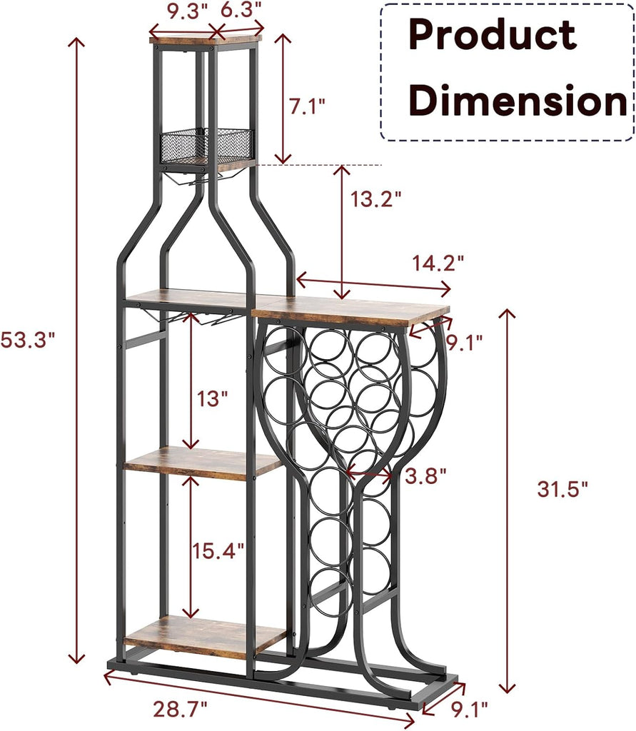 Liquor Cabinet Bar, 5-Tier Wine Rack Freestanding Floor with Wine Glass Holder, Mini Bar Stand with 11 Wine Bottles