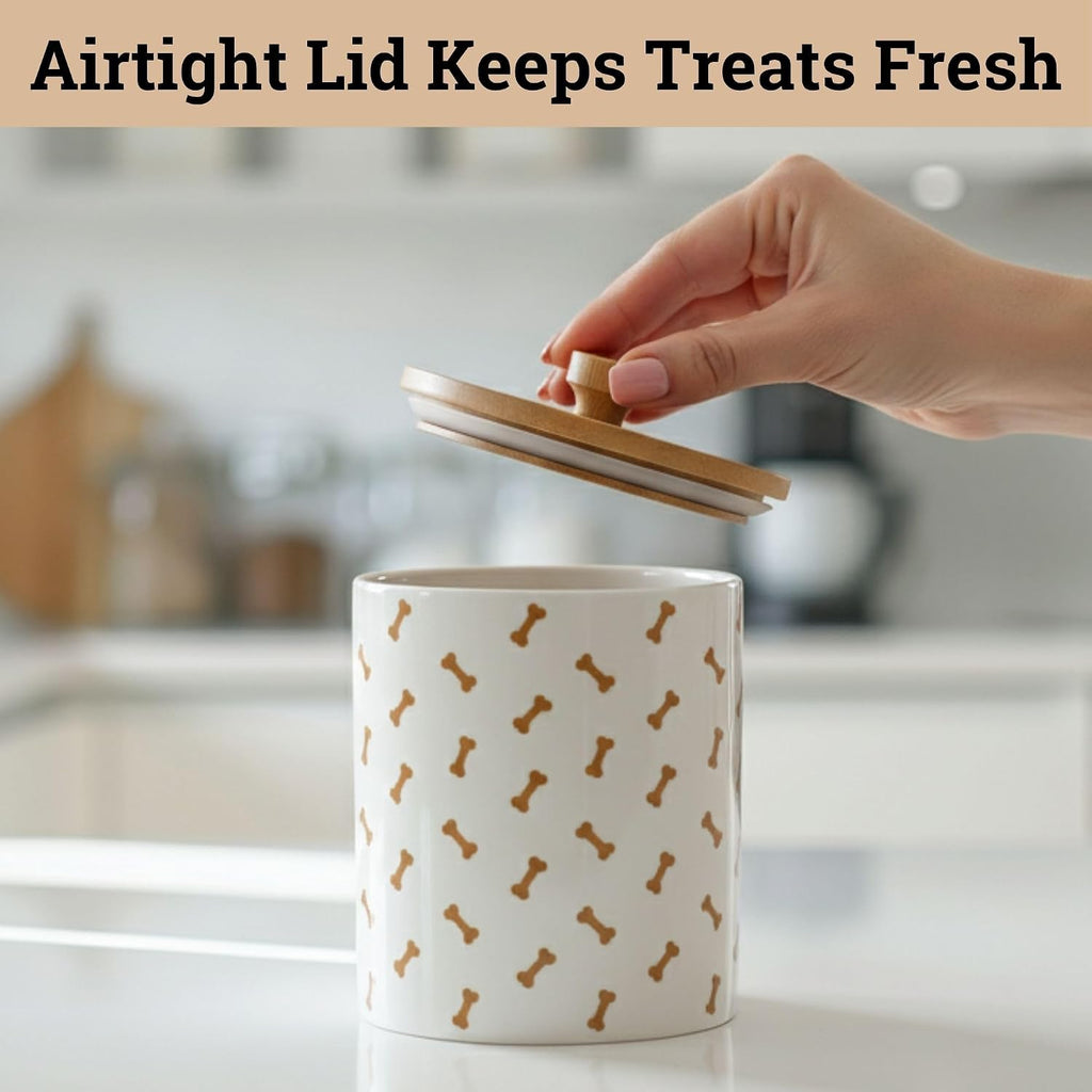 Ceramic Dog Treat Container Airtight with Bamboo Lid, 5"W x 6.4"H, 4 Cups