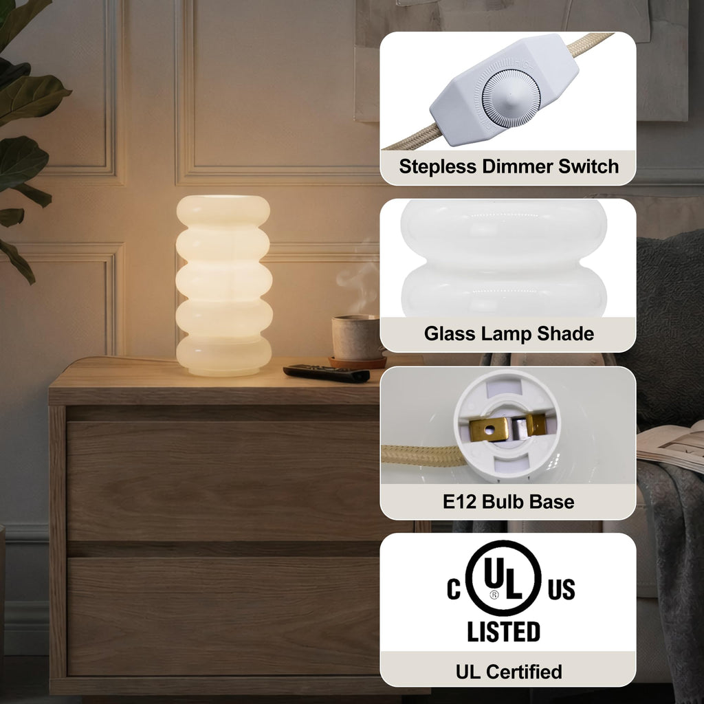 10.4 Inch Glass Table Lamp, Stepless Dimmable Nightstand Lamp, E12 Base
