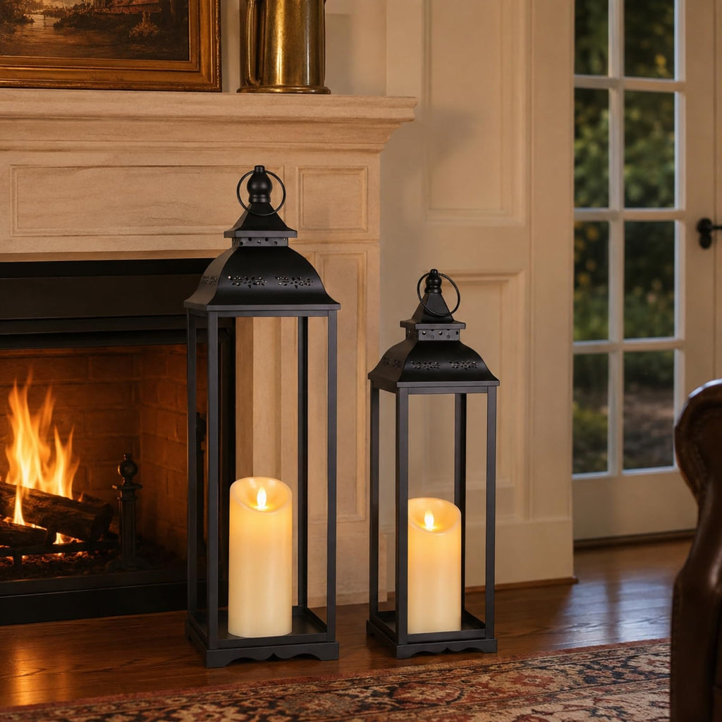 Large Candle Lanterns Set of 2, Black Lanterns Decorative Indoor Outdoor