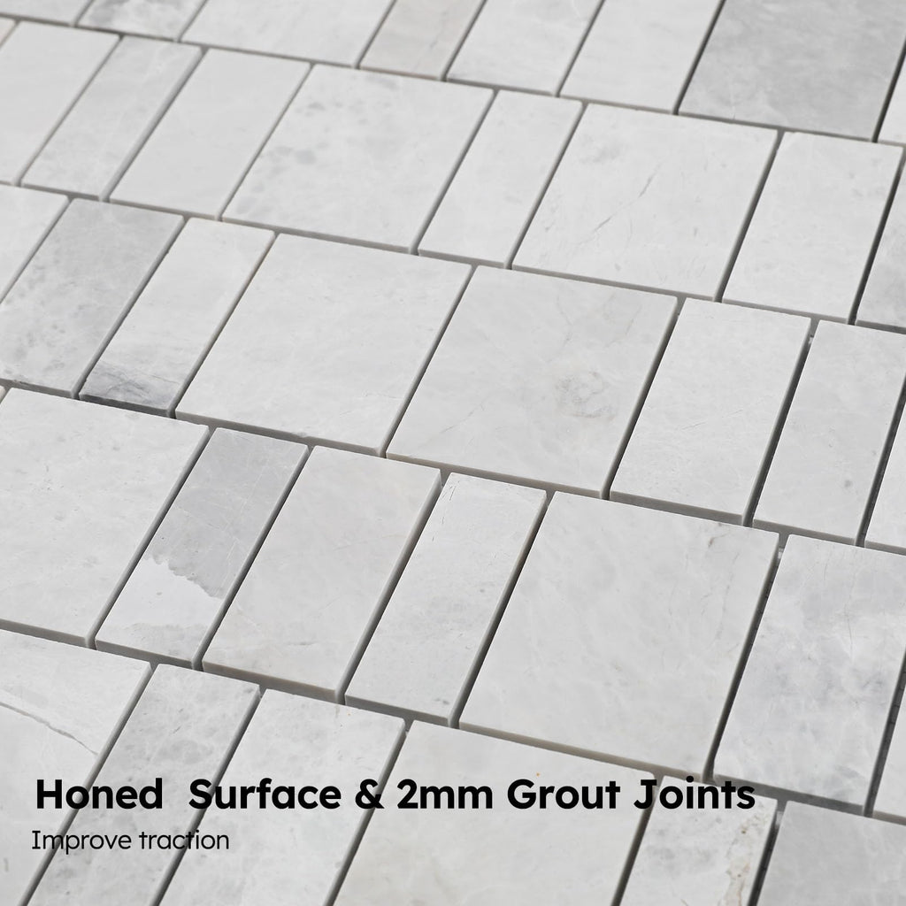 Andes Grey Marble Mosaic Tile, Offset Piano Pattern, Honed, Marble Backsplash Tiles Bathroom Wall Floor, Pack of 5