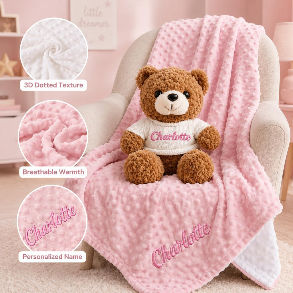 Blanket with Optional Plush Teddy Bear Gift Set, Custom Baby Blankets with Embroidered Name, Double Layer Dot Swaddle