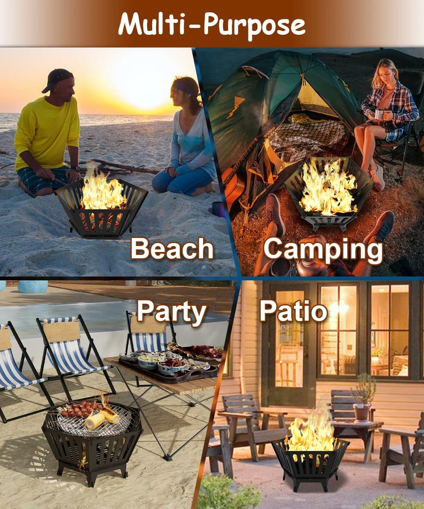 22.5 Inch Portable Hexagon Fire Pit with Travel Bag