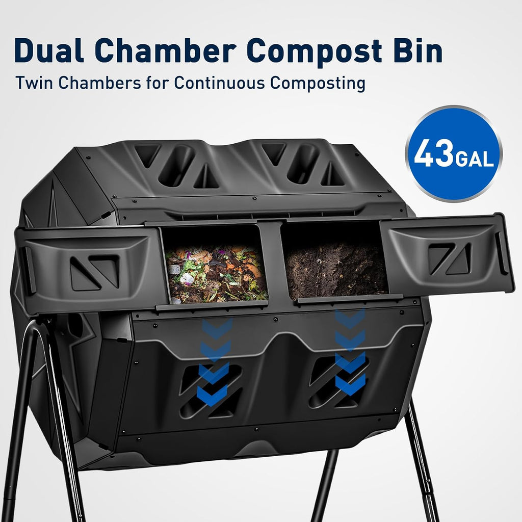 Dual Chamber Compost Bin Outdoor with Sliding Doors, 43 Gallon | 360° Rotating Tumbling Composter, Efficient