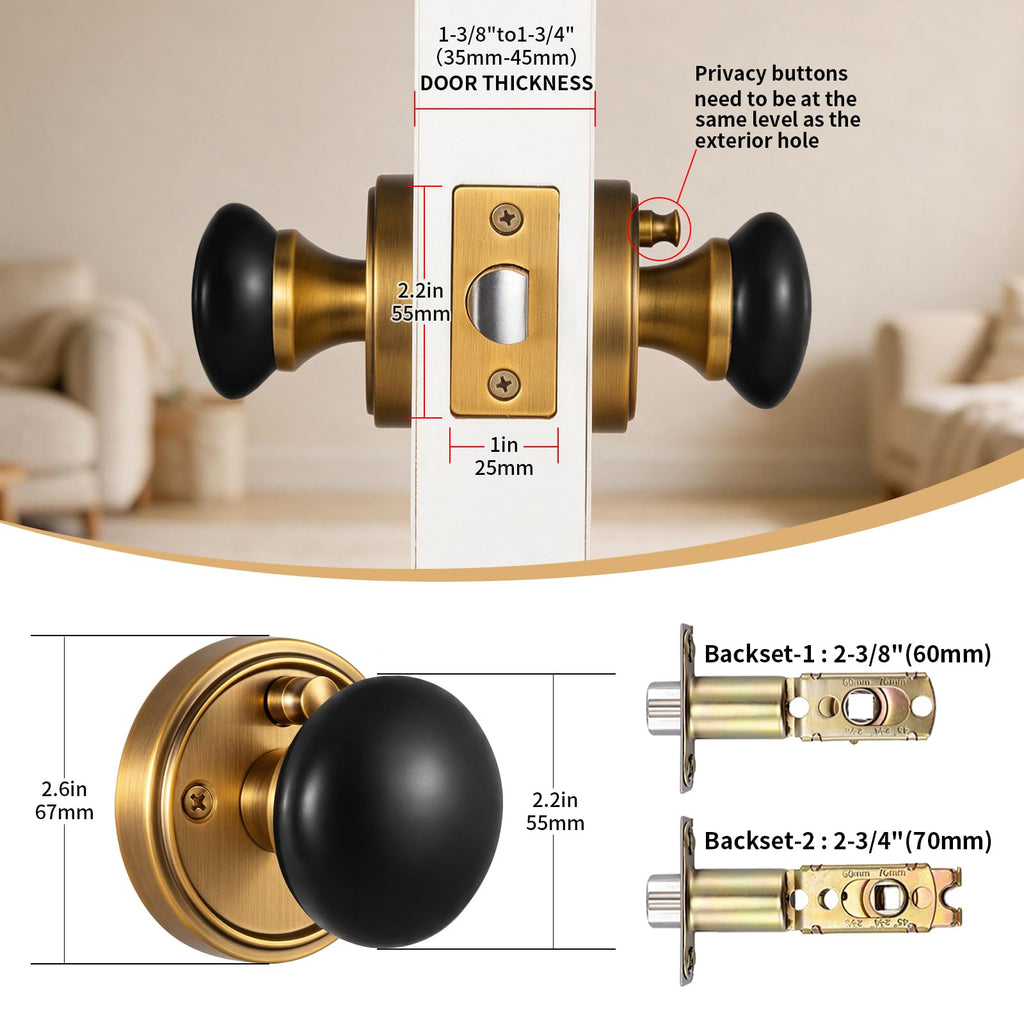 Black Porcelain Round Door Knobs with Antique Brass Rosette 1 Pack