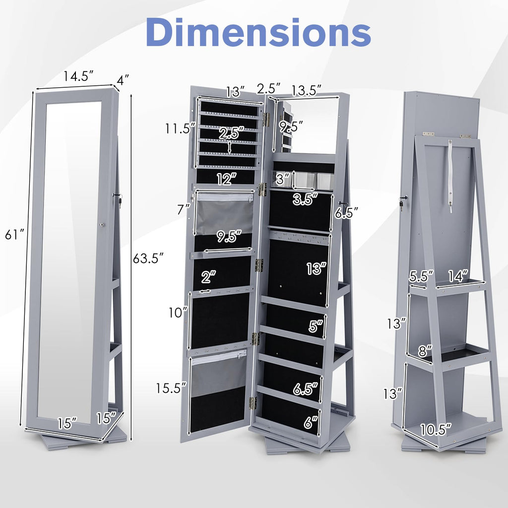 360 Rotating Jewelry Armoire Cabinet, Standing Jewelry Organizer w/Full-Length Mirror & Large Storage Space, Lockable