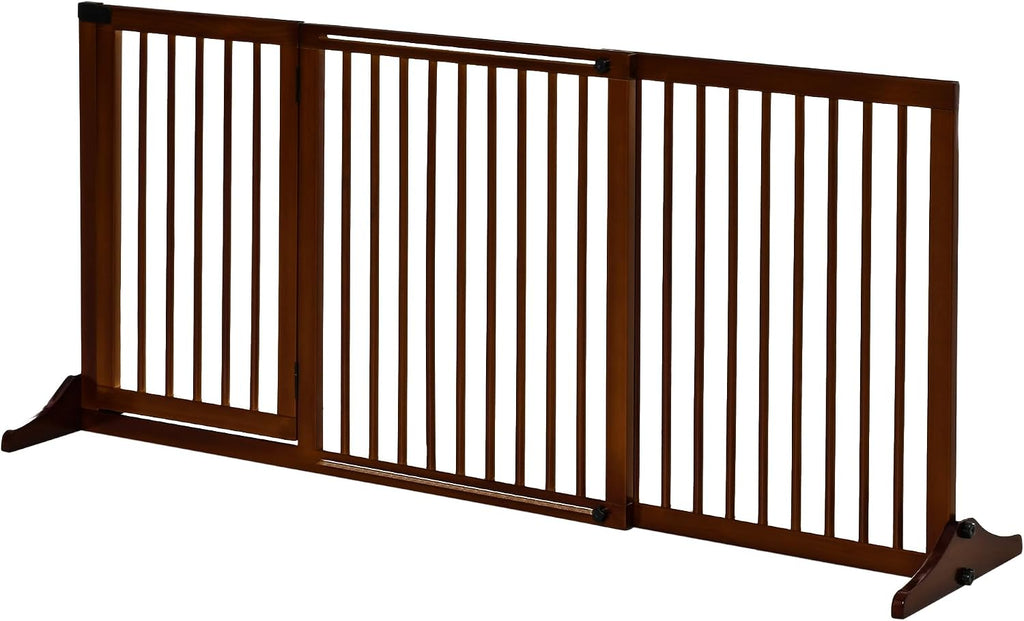 Freestanding Wooden Pet Gate, 3-Panel Adjustable with Lockable Door, Brown