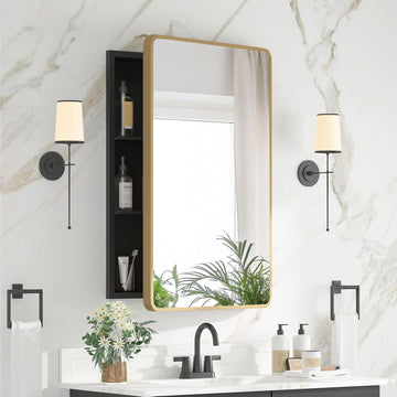 Medicine Cabinet 20 x 28 Inch, Brush Gold Bathroom Medicine Cabinet with Mirror,Metal Beveled Mirror, Adjustable