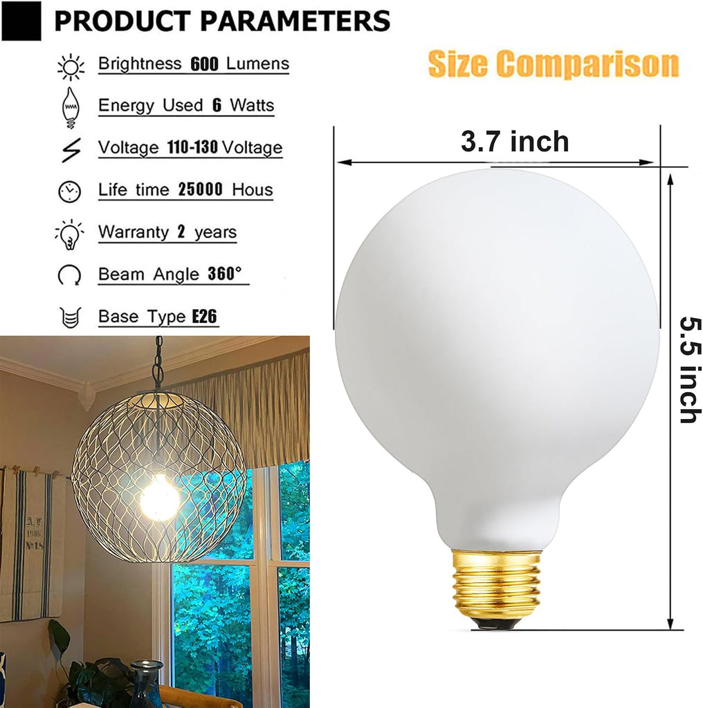 LED Light Bulb G30/G95 Dimmable Flick-Free Matt White 6W Soft White 3000k CRI95 600LM, 60W Equivalent Vintage LED