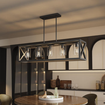 Farmhouse Dining Room Light Fixture - 5 Light Matte Black Rectangle Light Fixture with Adjustable Height & Thickened