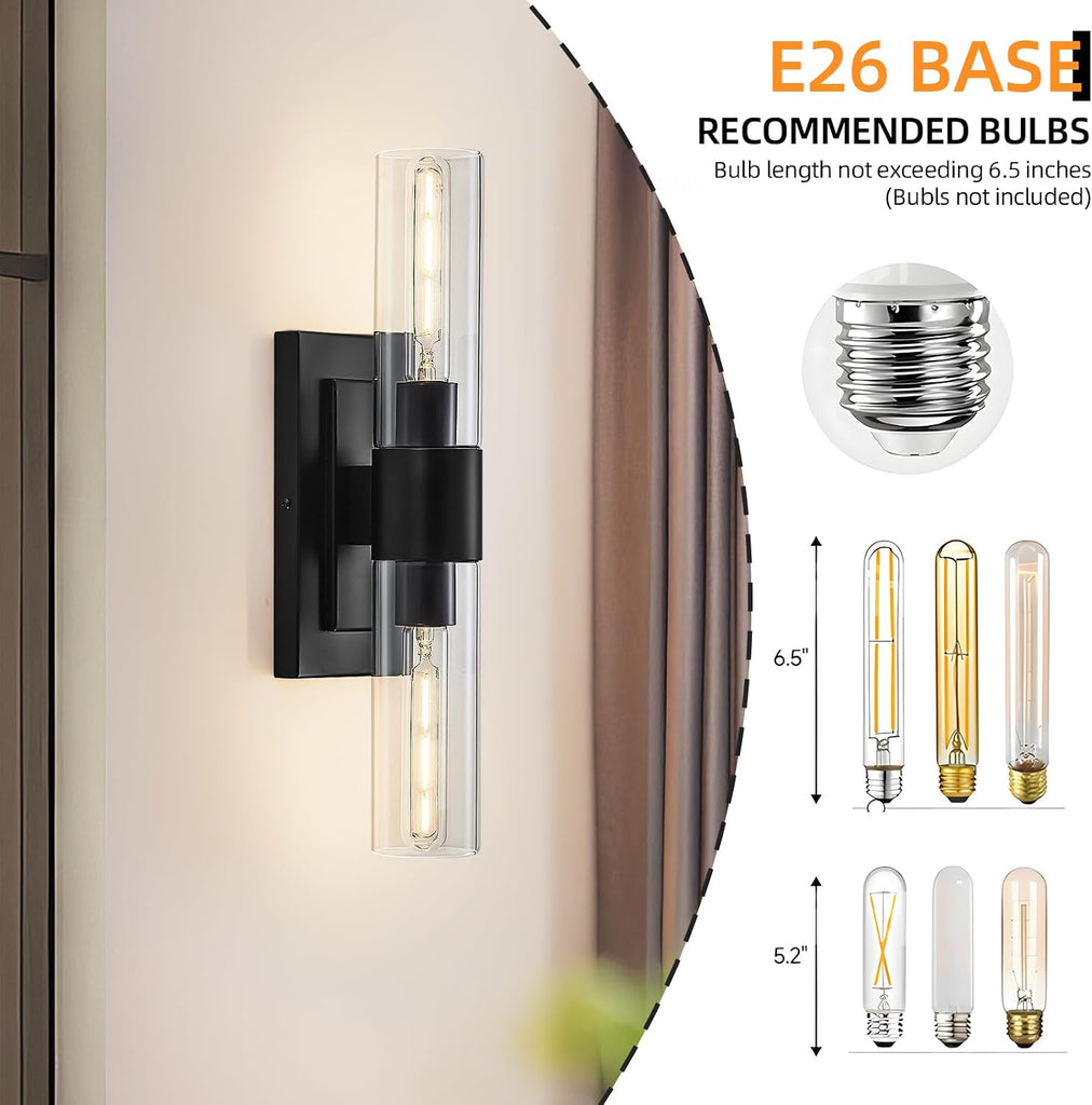 Black Wall Sconces Set of Two,Modern Bathroom Light Fixtures,2-Light Sconces Wall Lighting with Thickened Tempered