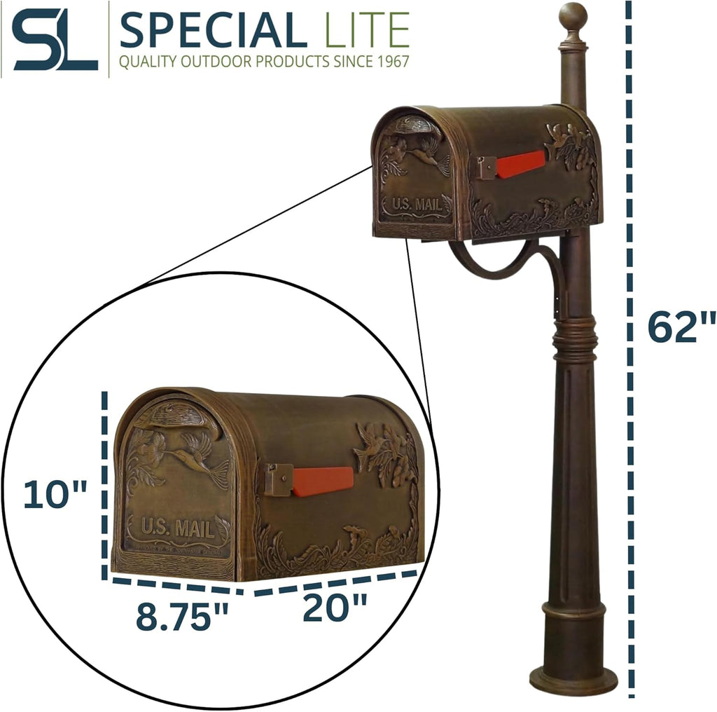 Hummingbird Curbside Mailbox with Ashland Post - Copper Mailbox with Aluminum Post