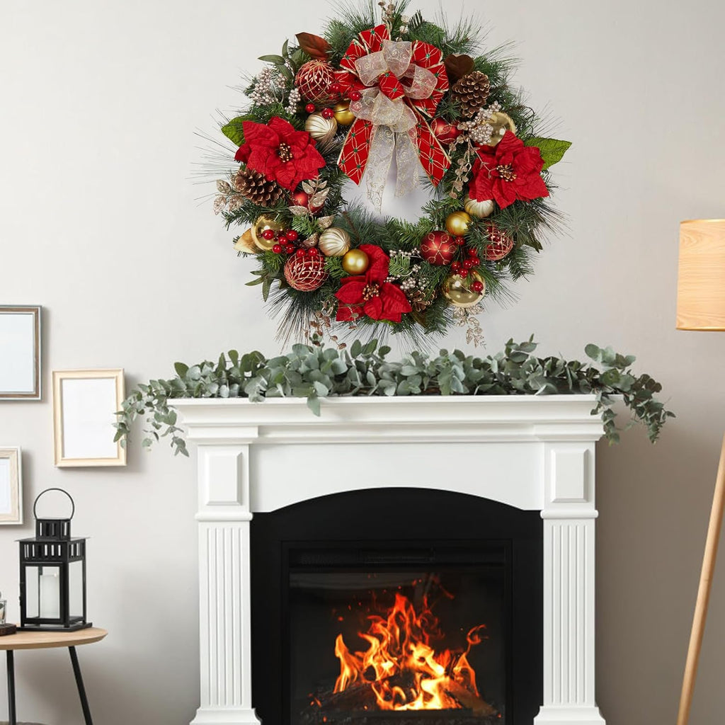 30 Inch Pre-Lit Christmas Wreath for Front Door, Battery Operated with 40 LED Lights, Red & Gold Ball Ornaments, Pine