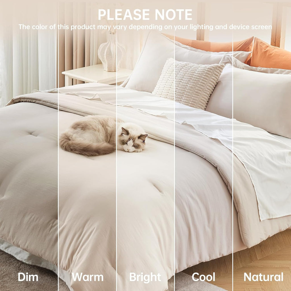 Queen Comforter Set Beige, 3 Piece Solid Bedding for All Seasons