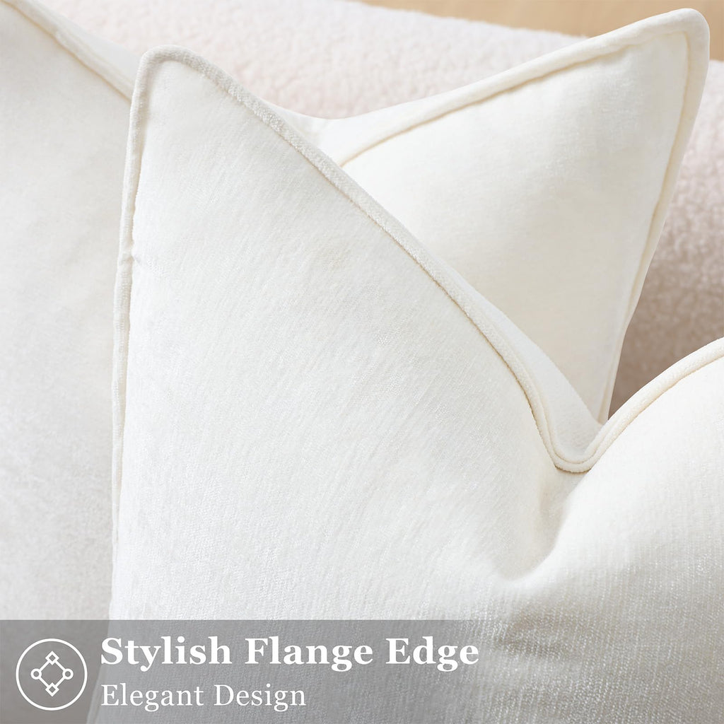 Chenille Cream White Velvet Throw Pillow Covers 20x20 Set of 2